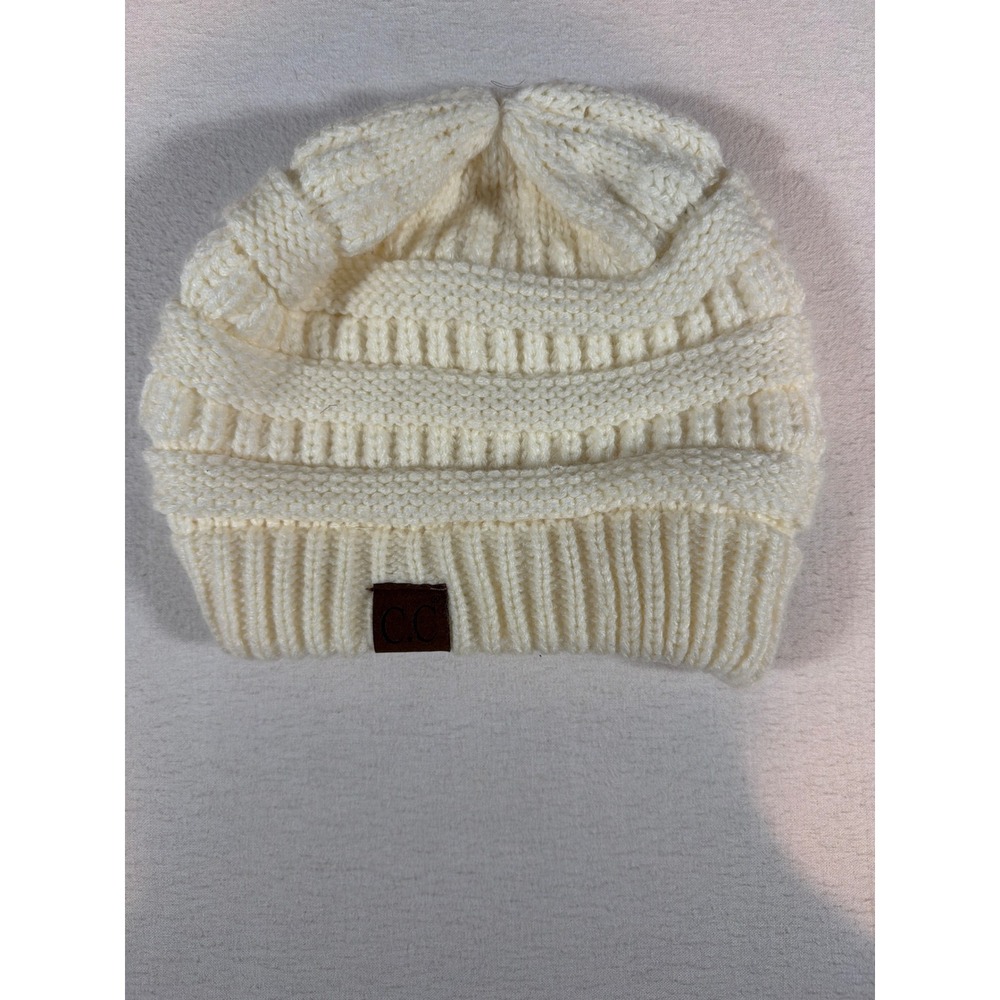 CC Beanie Women Ivory Off White Cable Knit Ribbed Cuff Winter Hat Skull Cap